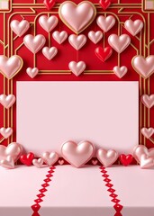 Valentine's Day backdrop, hanging heart decorations, red and pink color scheme, romantic scene, 3D rendering, glossy hearts, ornate frame, plush carpet, studio photography setup, festive atmosphere, l