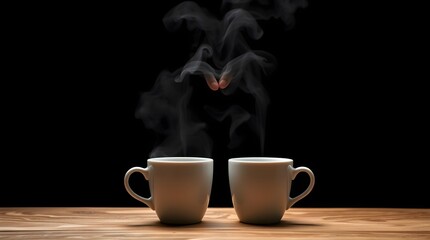 Steaming Moments: Two White Ceramic Cups with Rising Steam Against a Dark Background