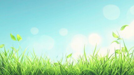 Fototapeta premium Vibrant Green Grass Under a Clear Sunny Blue Sky in Spring