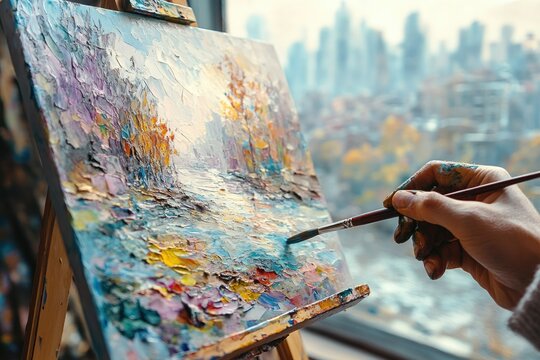 An artist's hand paints a vibrant impasto landscape, showcasing autumnal colors and city backdrop.