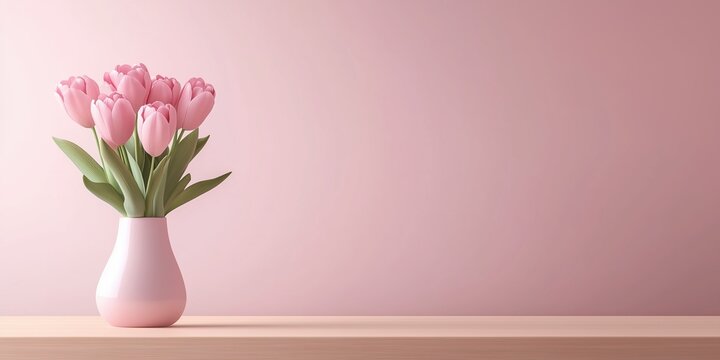 Pink tulips in a vase on a wooden surface with a pastel pink background. Home decor and spring themes.