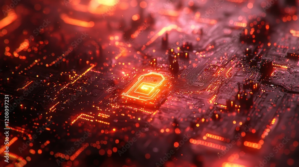 Poster abstract circuit board with illuminated chip, cityscape background