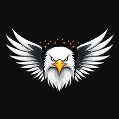 Obraz premium Eagle with white wings, yellow beak, stars above, for graphic design on black background