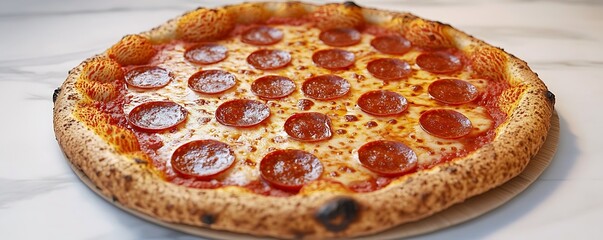 A pepperoni pizza with a golden crust bubbling cheese and crispy edges freshly baked