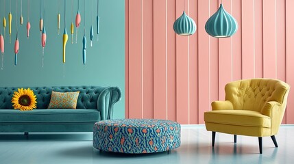 A vibrant lounge space showcasing alternating pastel coral and cyan wall panels