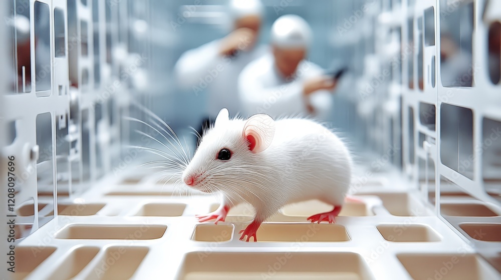 Poster white mouse in laboratory setting with scientists observing