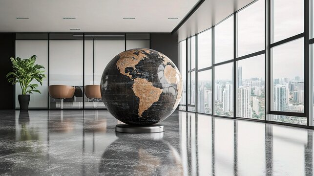 Modern Office with Globe Displaying Global Business Connections