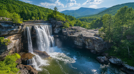 Fototapeta premium Lush Greenery and Cascading Falls. A stunning waterfall descends into a clear river, surrounded by verdant trees and rocky cliffs, with a serene mountain range in the distance