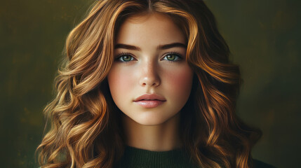Fototapeta premium young woman with soft caramel highlights in her wavy hair, glowing fair skin, and ice-blue eyes,
