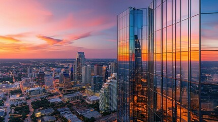 Modern Glass Skyscraper Reflecting Vibrant Cityscape at Sunset