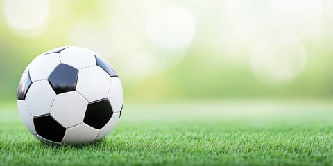 Naklejka premium Soccer ball on a green grass field with a bright background. Sports and outdoor recreation theme for athletic visuals.
