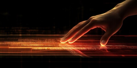 Hand interacting with glowing digital interface.