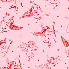 Cute vintage pink cupid seamless vector pattern