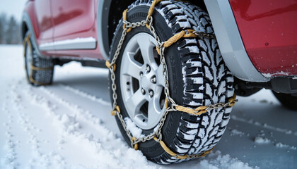 Close-up of snow chains on winter tire, ready for extreme conditions