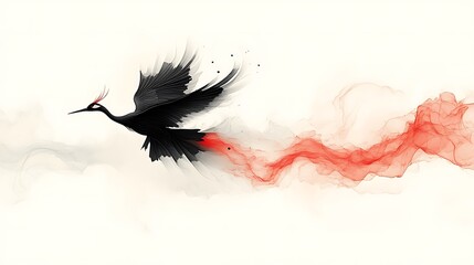 Black Crane in Flight with Red Ink Trails