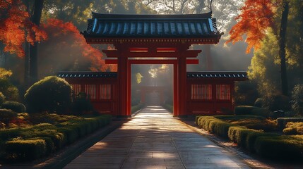 Autumnal Pathway Through Japanese Garden Gate
