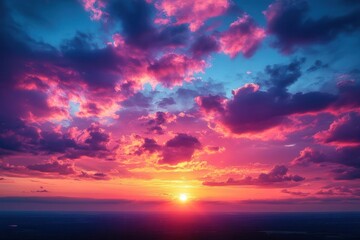 Obraz premium breathtaking panoramic sunset sky transitioning from deep blue to vibrant orange and pink hues ethereal atmosphere radiating warmth and tranquility at dusk