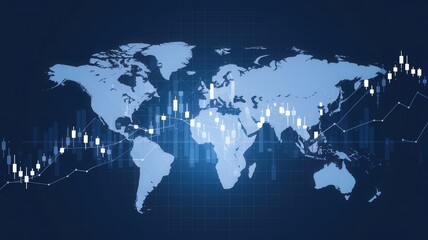 World Map with Candlestick Charts and Growth Lines