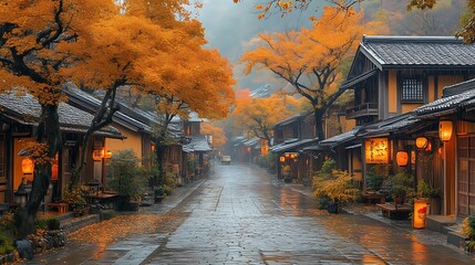 Autumnal Rain In A Japanese Village Street