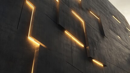 Textured boundary wall with linear LED accents, emphasizing its geometric design