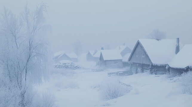 A picturesque snowbound village in Karelia under the moonlight. Wooden huts.