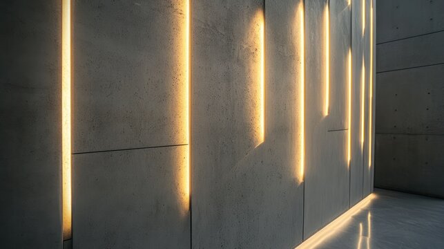 Textured boundary wall with linear LED accents, emphasizing its geometric design