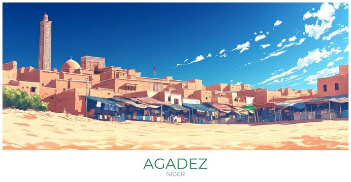 Agadez Niger Travel Poster Flat Illustration Print Decor Gift Canvas Wall Art