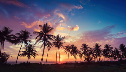 Silhouetted palm trees stand tall against a vibrant sunset over a tranquil ocean.
