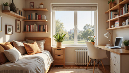 Cozy dorm room with study corner overlooking campus, student life