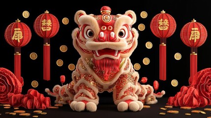 Fototapeta premium A vibrant lion dance statue adorned with traditional decorations.