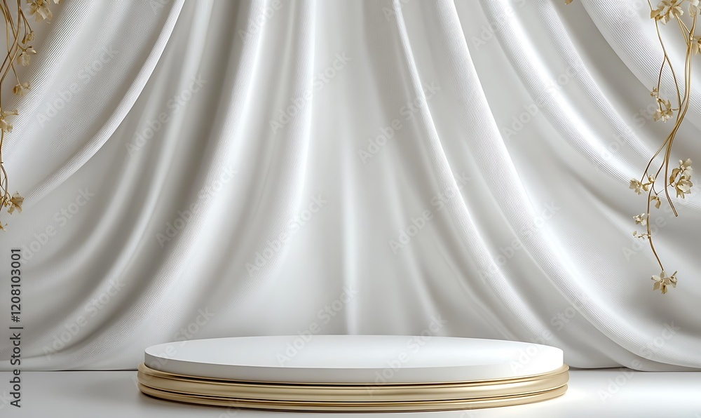 Poster a white round podium with a gold trim sits in front of a soft white backdrop with gold accents. 3d r