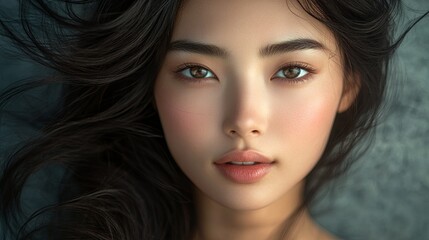 A photorealistic portrait of an Asian woman with smooth, vibrant hair and a flawless complexion