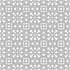 Symmetrical black line art creates a seamless geometric pattern on a white background. Ideal for coloring books, artistic designs, or backgrounds.