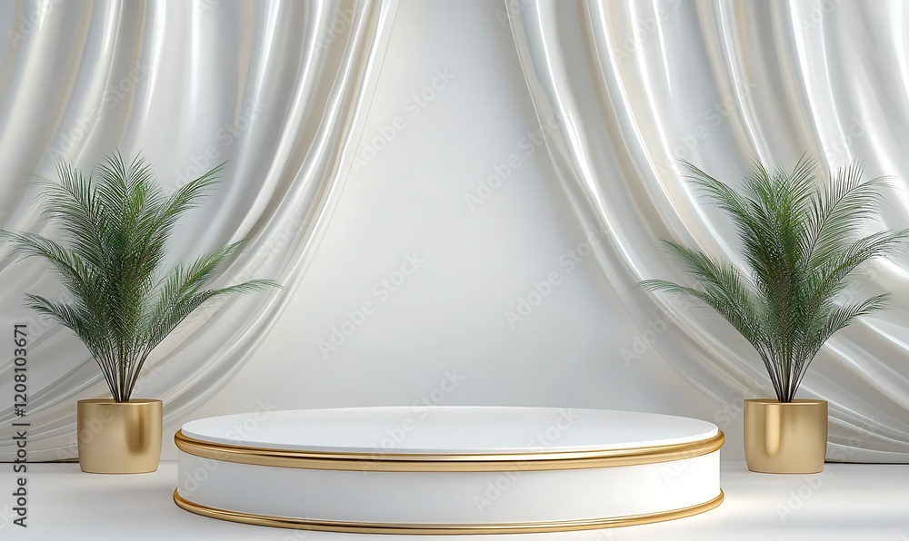 Poster a white round podium with a gold trim sits in front of a soft white backdrop with gold accents. 3d r