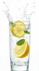 Lemon Water Splash Isolated On A White Background. Lemon Fruit Slice, Leaves And Water Splash. Background Water Wave, Citrus Piece And Mint Foliage Flying