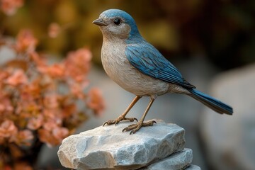 Naklejka premium bronze statue of a canary perched elegantly on a stone base capturing intricate details and textures that bring the sculpture to life in a peaceful garden setting