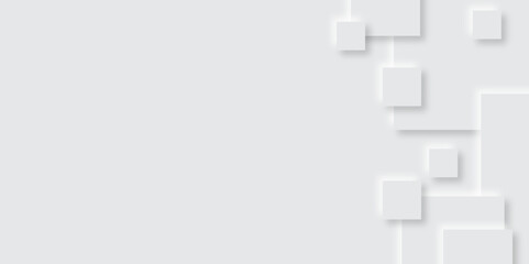 Obraz premium Abstract white square shape with futuristic concept background. multiple gray paper overlap on the gray background with silver color square pattern on banner with shadow. Paper texture background.