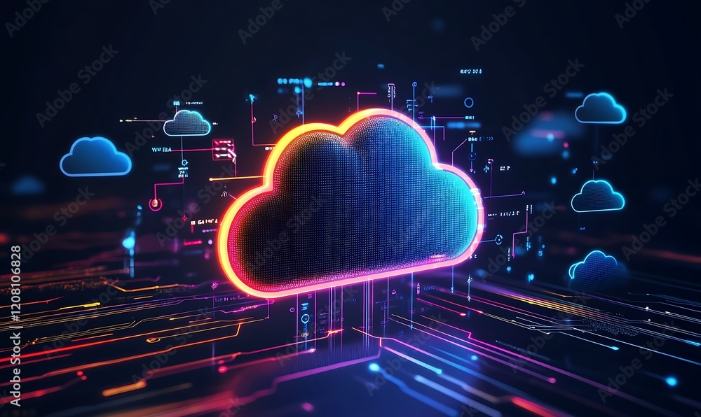 Poster Abstract illustration of cloud computing with colorful lines connecting to a central cloud. Tecnology concept


