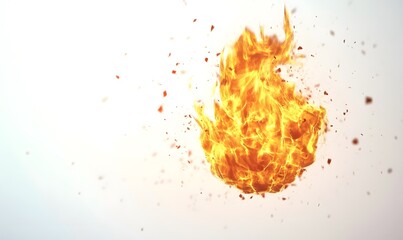 Fiery orb explodes, particles scatter, white background, VFX