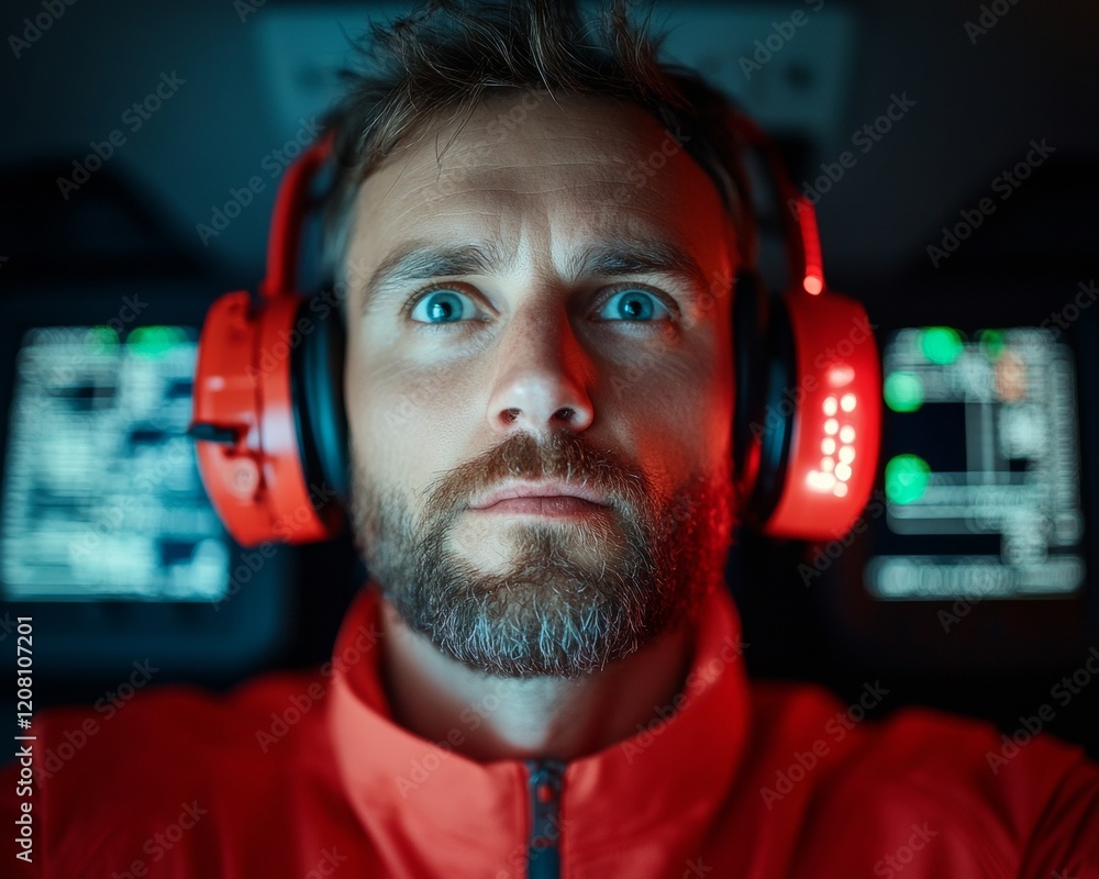 Poster Immersive Tech Integration Red Audio Headset Interface with High-Contrast Screens - Modern Communication and Digital Innovation for Professional Environments