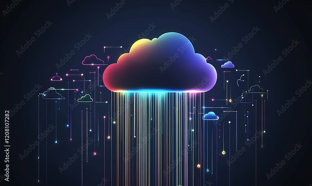Aufkleber abstract illustration of cloud computing with colorful lines connecting to a central cloud. tecnolog