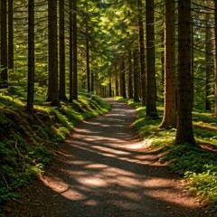 Fototapeta premium Winding forest path illuminated by sunlight through trees
