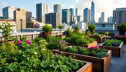Fototapeta premium Urban Rooftop Garden with City Skyline View