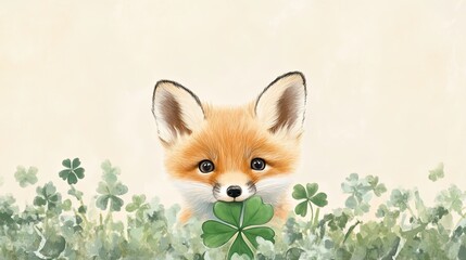 Obraz premium A playful fox cub peeking out from behind a green shamrock, on a clean, soft beige background