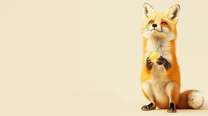 Fototapeta premium A playful fox holding a small gold coin, standing on a bright neutral background with room for text