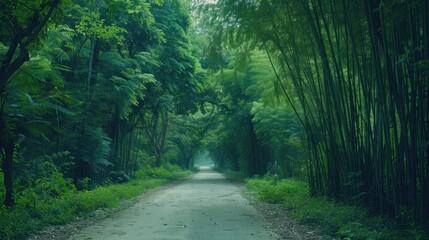 Obraz premium A narrow road surrounded by tall green bamboo trees, stretching into the distance into a quiet forest, creating an atmosphere of tranquility and tranquility