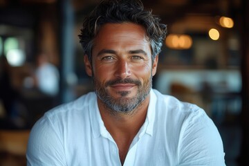 Fototapeta premium businessman in a crisp white shirt radiating confidence and cheerfulness while making eye contact with the viewer exuding professionalism and approachability
