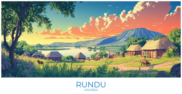 Rundu Namibia Travel Poster Flat Illustration Print Decor Gift Canvas Wall Art