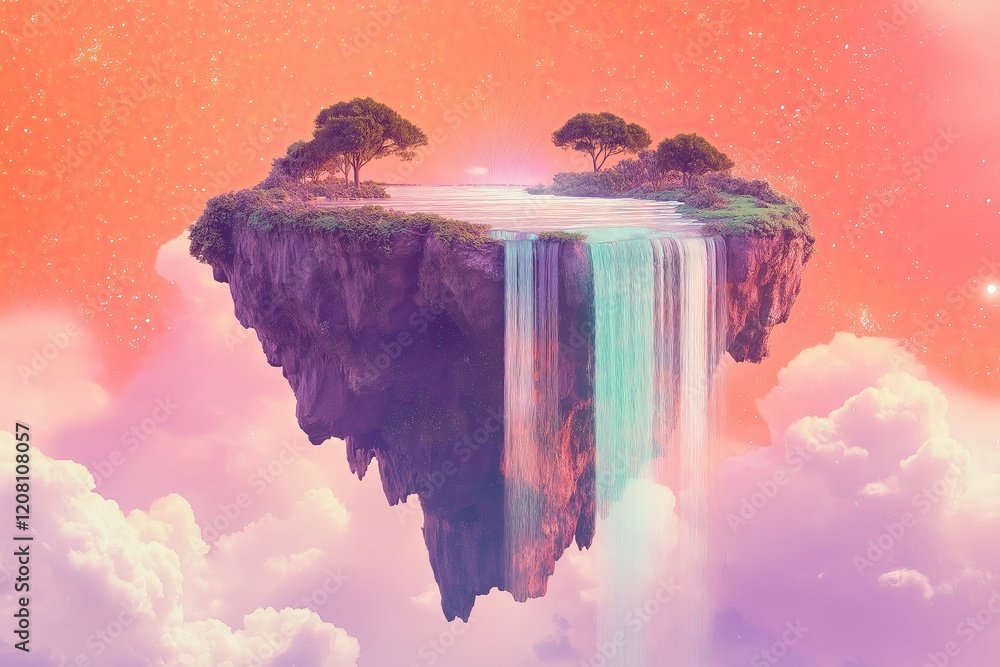 Poster a surreal concept of a floating island with waterfalls pouring into space.