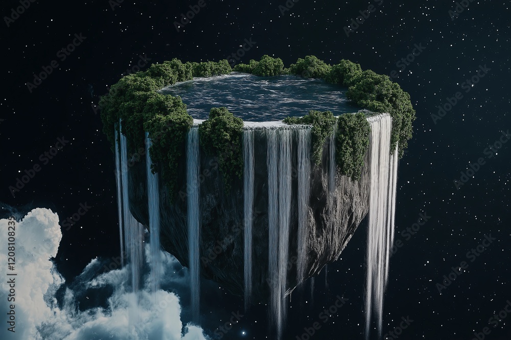 Poster A surreal concept of a floating island with waterfalls pouring into space.